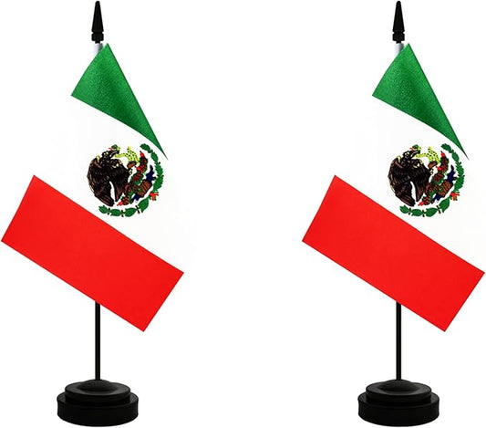 2 Pack Mexico Desk Flag, Mexican Table Office Flag with Solid Pole and Stand Base, International Country Flag, Festival Celebration, Classroom Meeting Desktop Decoration (Mexico)