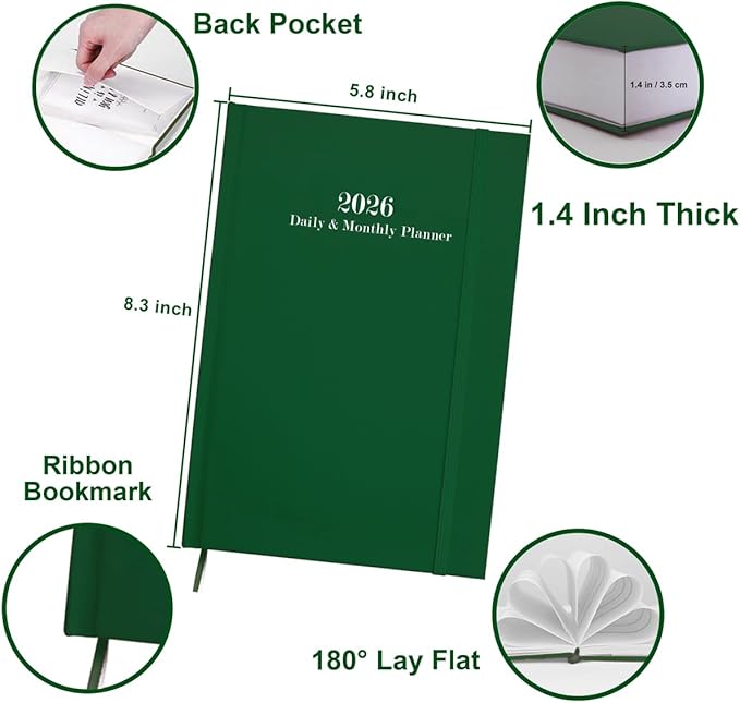 2026 Daily & Monthly Planner - 2026 Daily Planner One Page Per Day from January 2026 to December 2026, 5.8'' x 8.3'' Hourly Appointment Book Perfect Organizer Daily Life, Fabric Cover, Green