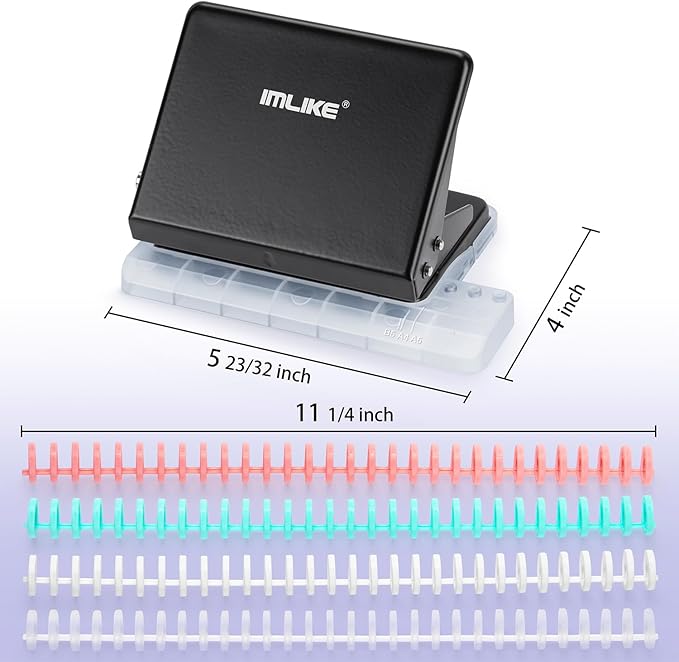 IMLIKE 10-Hole Binding Machine for Planners - Metal Manual Binding System with 10 Multi-Color 30-Hole Loose Leaf Binding Spines - Punches 26 Holes on B5, 30 Holes on A4, 20 Holes on A5 Paper - Black