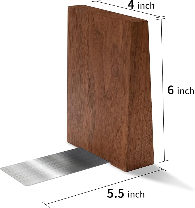 Walnut Book Ends for Shelfs, Solid Heavy Duty Book Ends for Heavy Books, Large Decorative Bookends with Stainless Steel Base to Hold Heavy Books-Set of 2 (Large)