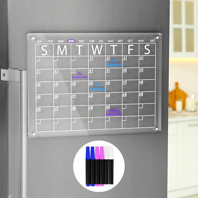 AITEE Acrylic Magnetic Dry Erase Board Calendar for Fridge, 16"x12" Inches Clear Dry Erase Calendar for Refrigerator Includes 6 Markers with 3 Colors