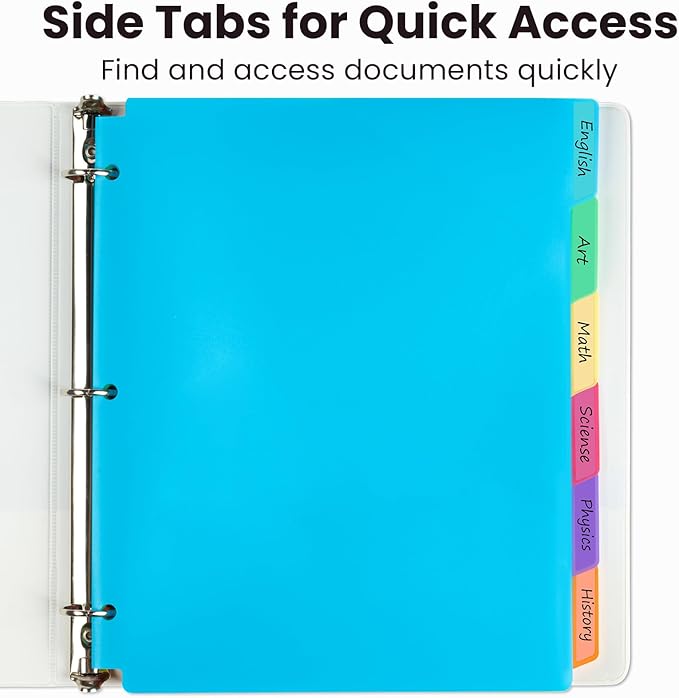 Sooez Plastic Folders with Pockets and Tabs, 6 Pack Pocket Folders with Writable Label Stickers, Fits 3-Ring Binder, Holds Letter/A4 Size Paper, Back to School Office Filing Supplies, Bright Colors