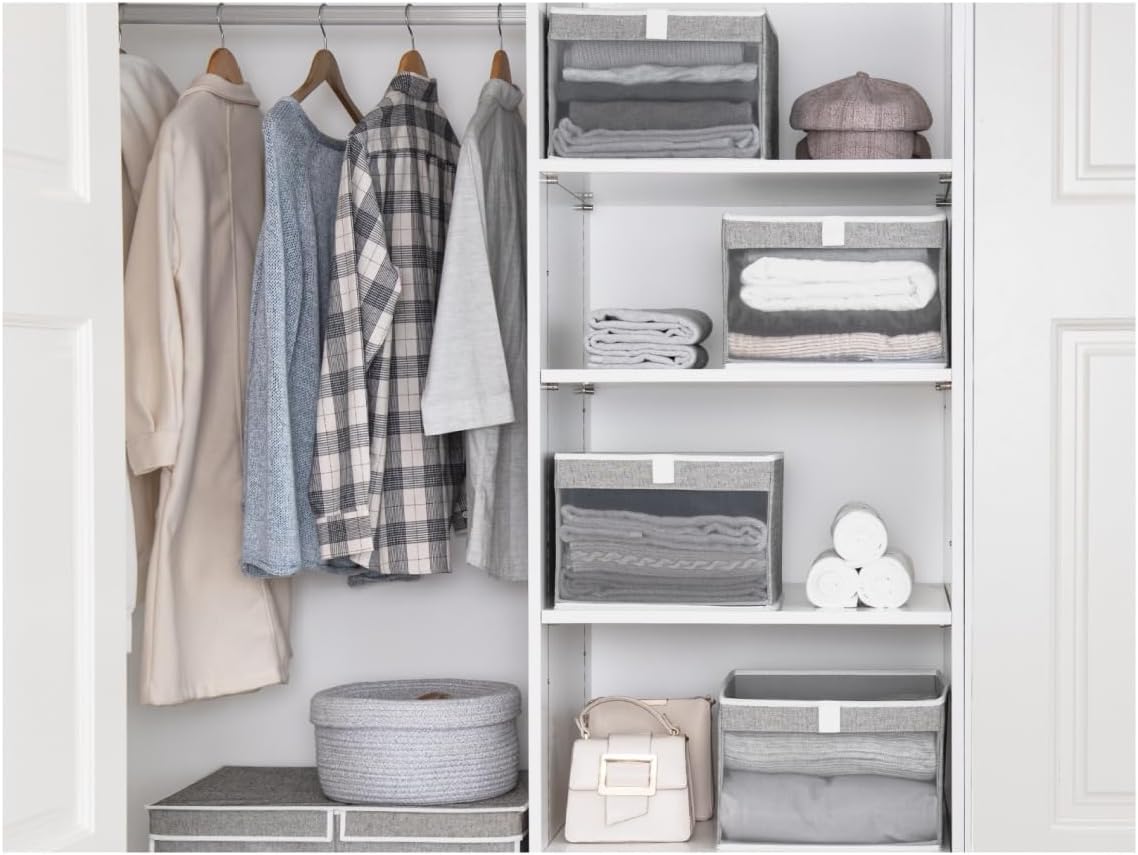 StorageWorks Closet Storage Bins, Large Storage Baskets with Clear Window and Handles, Foldable Fabric Organizer for Clothes, Shelves, Gray, 3 Pack