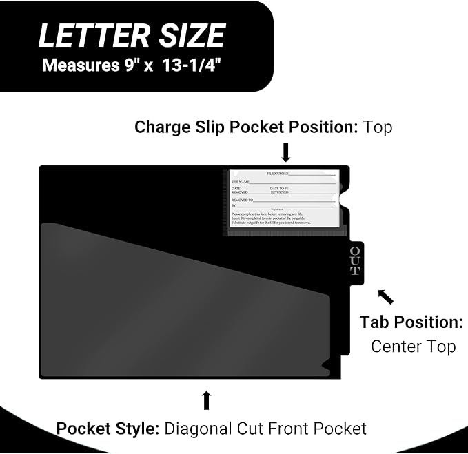 Doctor Stuff - Center Tab Vinyl Outguides, Diagonal Cut Front Pocket, Top Charge Out Slip Pocket, Plastic File Folder, Letter Size 9" x 13-1/4", Black, 50/Box