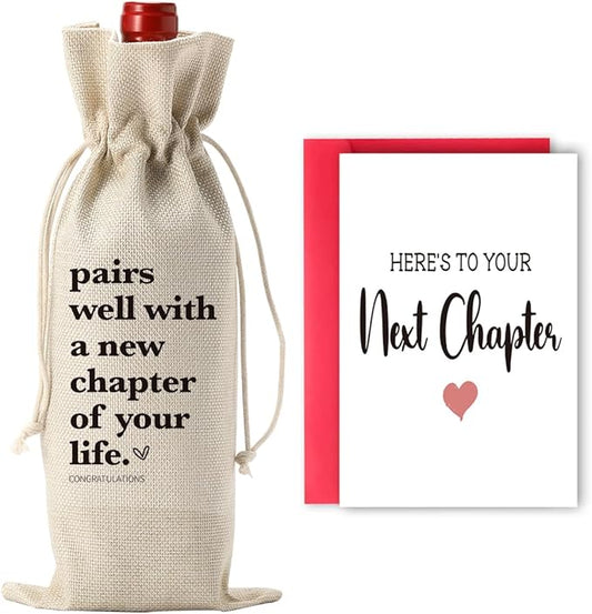 XFW Funny New Chapter Wine Bag Card Set Coworker Leaving Gifts for Women Men Farewell Gifts for Coworkers Goodbye gifts for Friends Retirement Going Away Card for Coworker