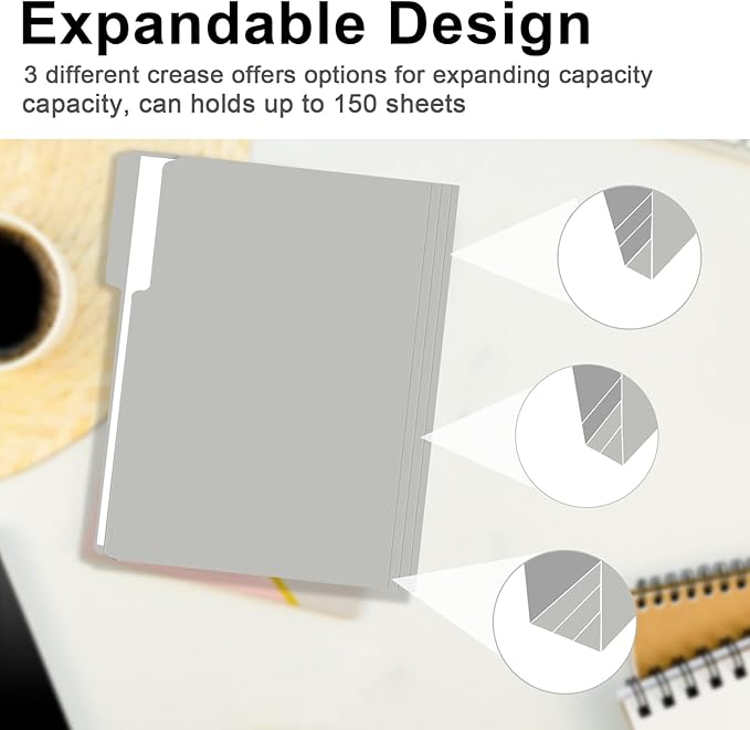 File Folder, RAZCC 150 Pack 1/3 Cut Tab File Folders Letter Size, Grey, Folders with Tab, Great for Organizing and Easy File Storage