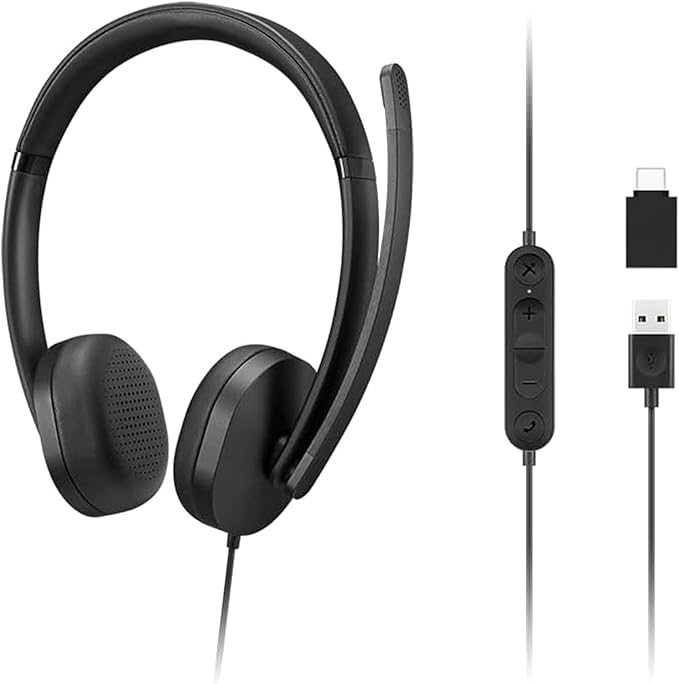 Lenovo 115 USB-A/USB-C Wired Stereo Headset – Lightweight, Noise-Cancelling, in-Line Control Box, USB-A to USB-C Adapter, Over-Ear Design, Headset with Mic for PC and Laptop, Black