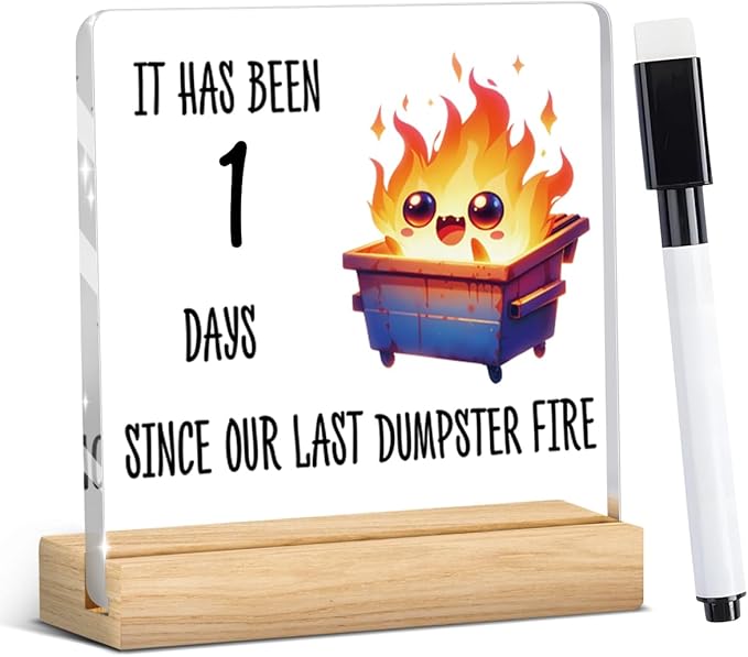 Dumpster Fire Desk Accessories Funny Office Decor,Dumpster Fire Funny Desk Decor,Wipeable Acrylic Sign Gifts for Coworker Boss Men Women with Wood Stand 4 X 4 Inch