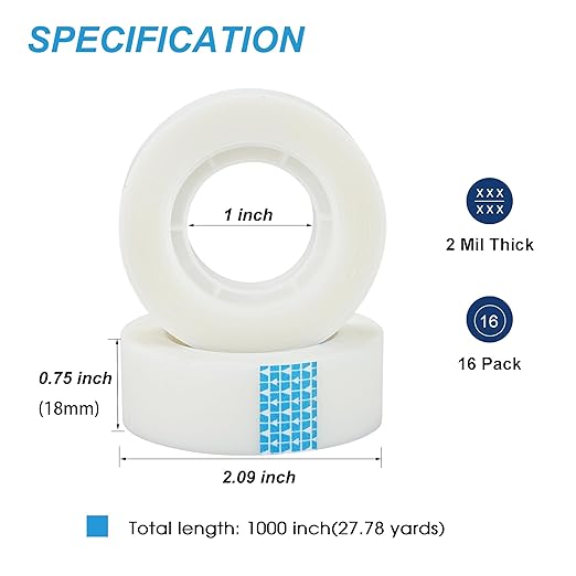 Tape Refills Bulk, 16 Rolls Invisible Tapes for Dispenser, 3/4 Inch X 1000 Inch, Writable Tape, Easy to Tear by Hand for Home School Office Supplies