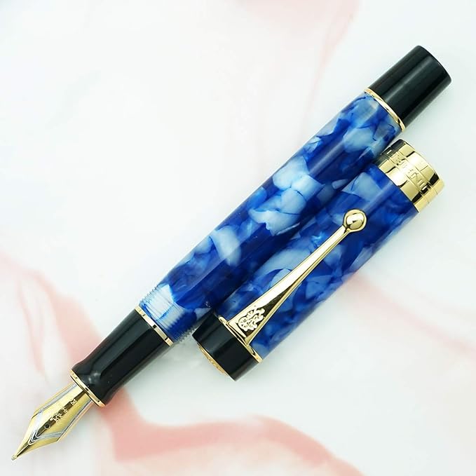 Jinhao 100 Fountain Pen Celluloid Classic Style, #6 Nib Smooth Writing Instrument with Refillable Converter and Pen Case Set