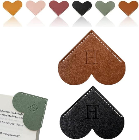 Personalized Leather Heart Bookmark, 26 Letters Customized Corner Book Mark for Reading Women, Book Marker with Initials，Cute Gifts (Black+Dark Brown, H)