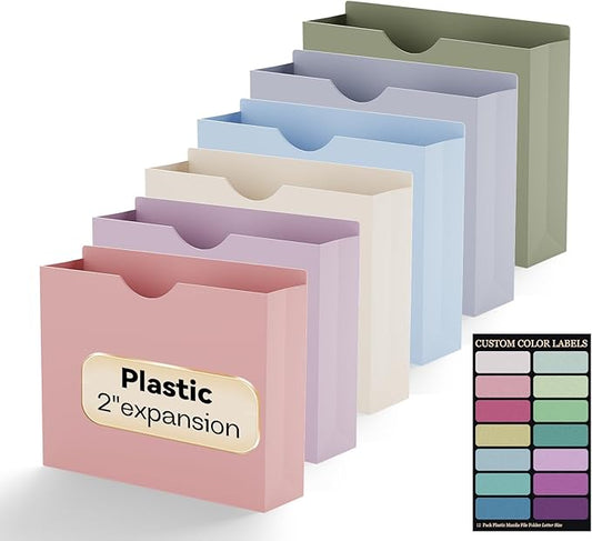 Plastic File Jackets Letter Size,Upgrade Color,12 Pack Manilla Pocket Folders,2 Inch Expanding File Folde for Documents,Heavy Duty Expansion Pocket Files with Straight Cut Tabs,Morandi Color