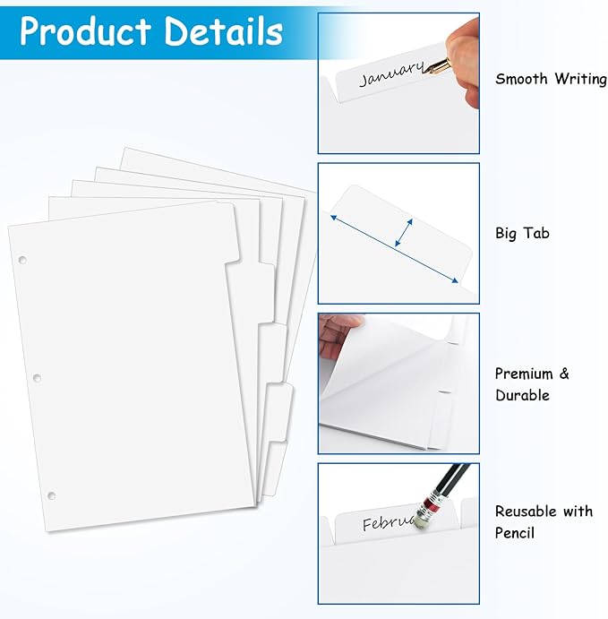Binder Dividers for 3 Ring Binder, 1/5 Cut Tabs, Letter Size, Blank Write On Page Dividers with 5 Big Tabs for School Office Home, 12 Sets, 60 Dividers, White