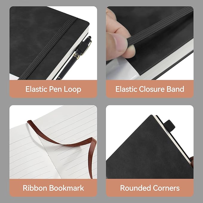 Lined Journal Notebook, 200 Pages, Leather Hardcover Notebooks, A5 College Ruled Thick Classic with Pen Loop Notebook Journals for Writing, for Women Men Office School, 5.75'' X 8.38'', Black