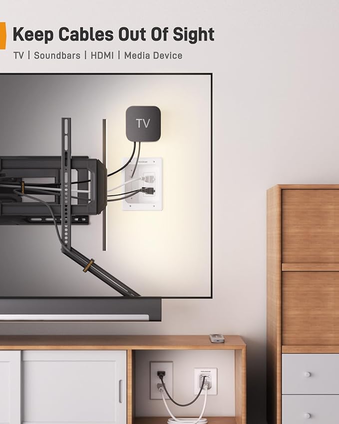 Perlegear Cord Hider for Wall Mount TV with AC Outlets, USB-A and USB-C Ports, in-Wall Cable Management Kit, Includes Drill Templates, Dust Bags, Drywall Saw, Extension Cord