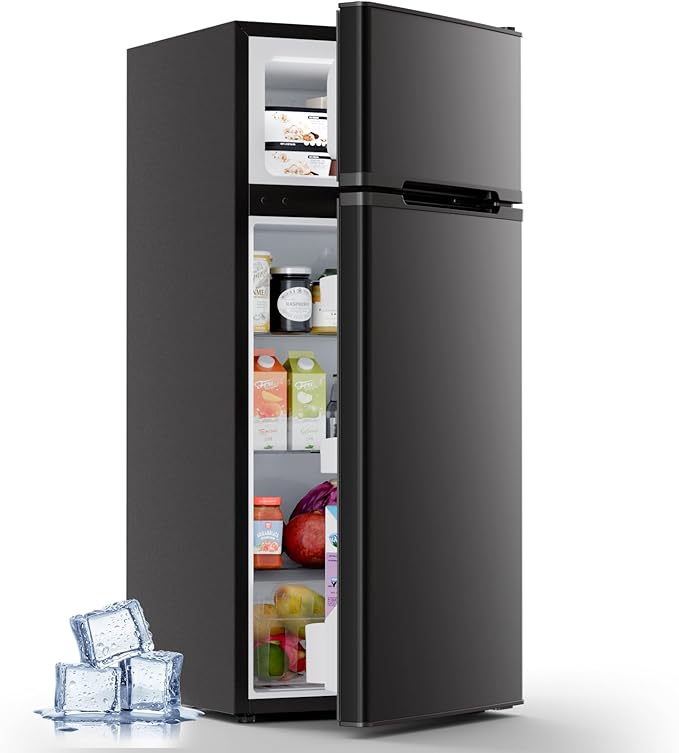 Kismile 4.5 Cu.Ft Mini Fridge with Freezer, Compact Mini Refrigerator with Adjustable Removable Glass Shelves,Small Fridge with 2 Doors for Home,Kitchen,Dorm,Apartmen, Black