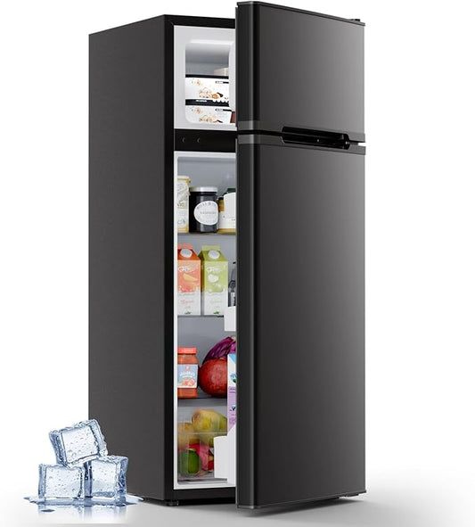 Kismile 4.5 Cu.Ft Mini Fridge with Freezer, Compact Mini Refrigerator with Adjustable Removable Glass Shelves,Small Fridge with 2 Doors for Home,Kitchen,Dorm,Apartmen, Black