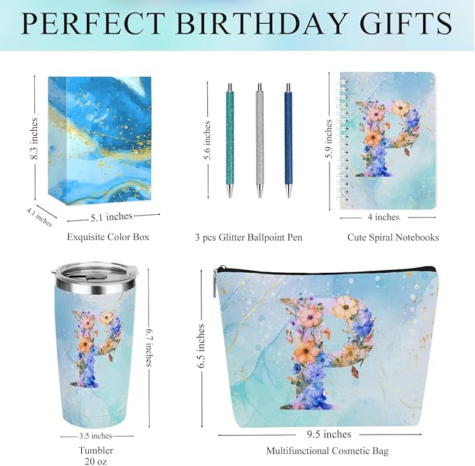 Personalized Gifts Monogrammed Birthday Gifts for Women, Mommy, Female Going Away Christmas, Initial 20 oz Tumbler, Makeup Cosmetic Bag Cup Pens Journal Notebook 6 Set, (Aesthetic Blue Flower P)