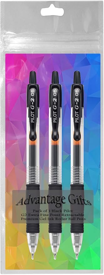 G2 Retractable Premium Gel Ink Roller Ball Pens Extra Fine Point (.5mm) Black Ink 3 pack; Refillable & Premium Comfort Grip Bundle with Plastic Reusable Pouch