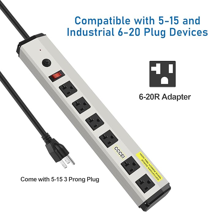 CCCEI Heavy Duty Power Strip Surge Protector 20 Amp, High Amp Industrial Shop Garage Metal Multiple Outlets, 15 FT 12 Gauge 5-15P Extension Cord 6 Outlet 6-20R T-Slot 20a for Appliance.