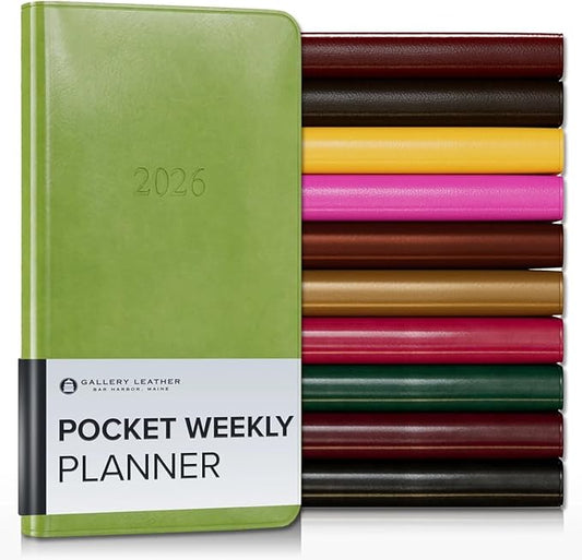 Gallery Leather Pocket Weekly Monthly Planner 2025-2026, Elegantly Bound Calendar Planner and Notebook with Stylish Gold-Gilded Page Edges, 12 Months - Acadia Lime - 6 x 3.25 "