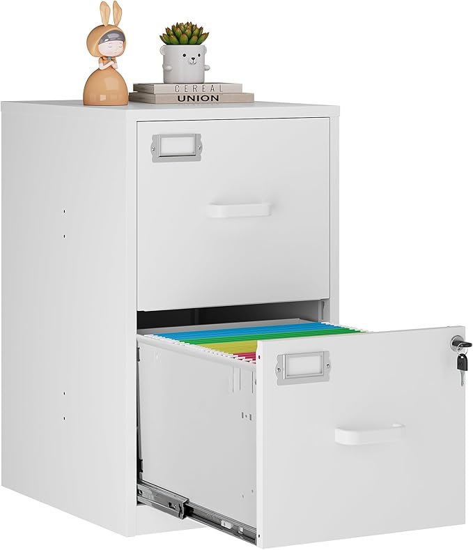 2 Drawer Vertical File Cabinet with Lock, White Metal, Under Desk, Easy Assemble