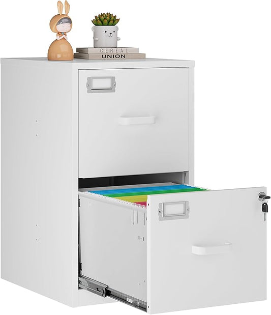 2 Drawer Vertical File Cabinet with Lock, White Metal, Under Desk, Easy Assemble