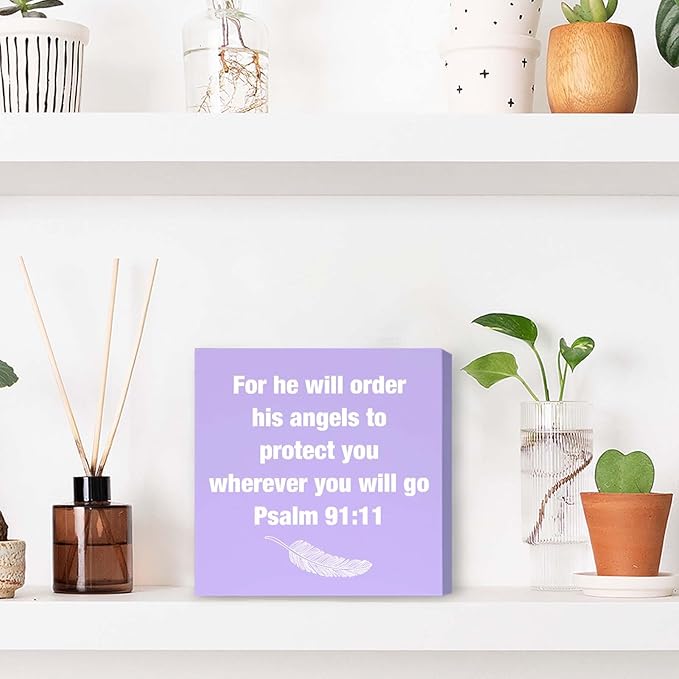 Purple Psalm 91:11 Office Decor Desk Accessories Inspirational Gifts for Women Bible Verse Gifts Purple Christian Office Decor Sign Desk Decorations for Women Home & Office Cute Desk Accessories
