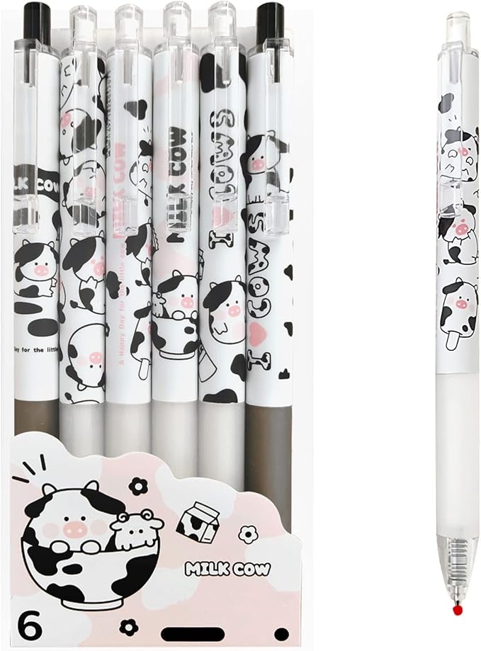 Cute Pens Kawaii 0.5mm Black Ink Gel Pens Fine Point Smooth Writing Ballpoint for Office School Supplies Nice Fun Gifts for Kids Girls Women Pens for Journaling, Pack of 6pcs (Little Milky Cow)
