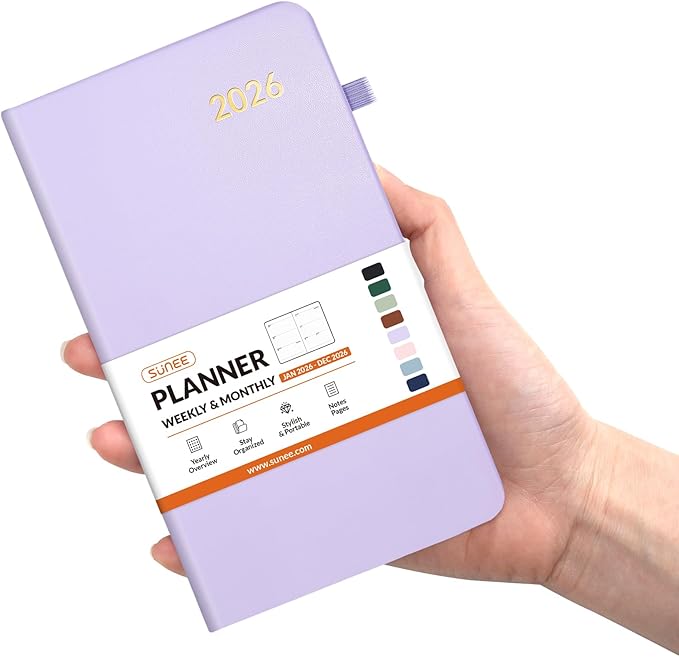 SUNEE 2026 Pocket Weekly Planner for Purse 3.5" x 6" - 12 Month (January 2026 - December 2026), Small Size Planner, Hardcover, Notes, Pocket, 100 GSM Paper, Purple