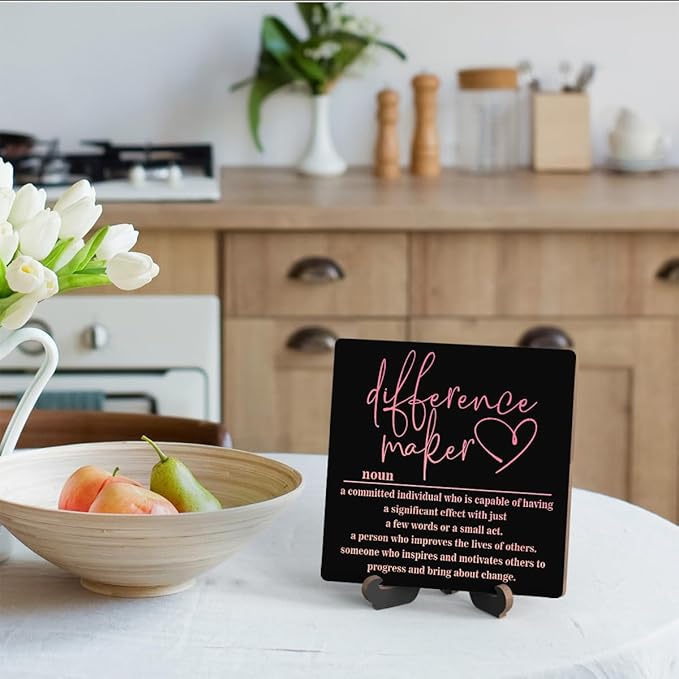 Wooden Table Sign Office Decor Difference Maker Definition Desk Decor Wood Plaque With Stand Thank You Gifts for Boss Women Best Mom Coworker Teacher Office Desk Accessories(Black)-C02
