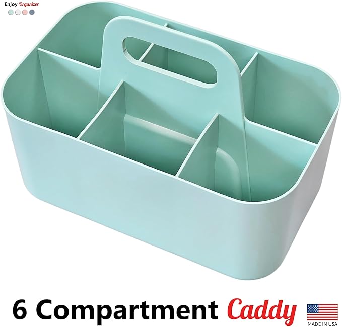 2 Pack Small 6 Compartment Multiuse Caddy Organizer with Handle Art Craft Supplies, Office, Desk, Stationery Pen Holder Stackable- Made In USA (Mint)