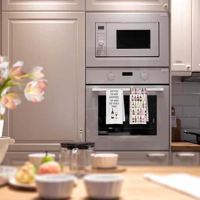 Funny Wine Kitchen Towels - Wine Gifts Dish Towels for Kitchen Decor, Bartender Gifts for Women Decorative Waffle Hand Tea Towel, 16x24 Inches Set of 2