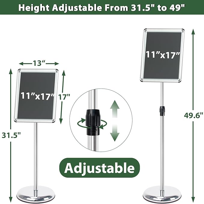 11x17 inches Poster Stand Holder Adjustable Floor Standing Sign Holder Vertical and Horizontal View Sign Display, Aluminum Snap Frame with Safety Corner, Silver
