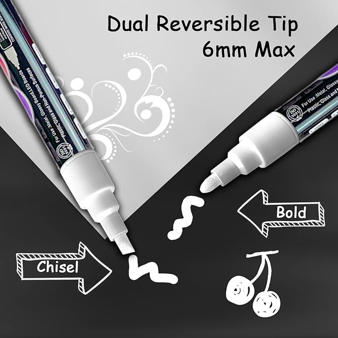White Liquid Chalk Markers Set (8 Pack), 6mm Reversible Thick & Chisel Tip, Wet Erase Paint Pens for Non Porous Blackboard Chalkboard, Car Glass Windows, School Business Supplies