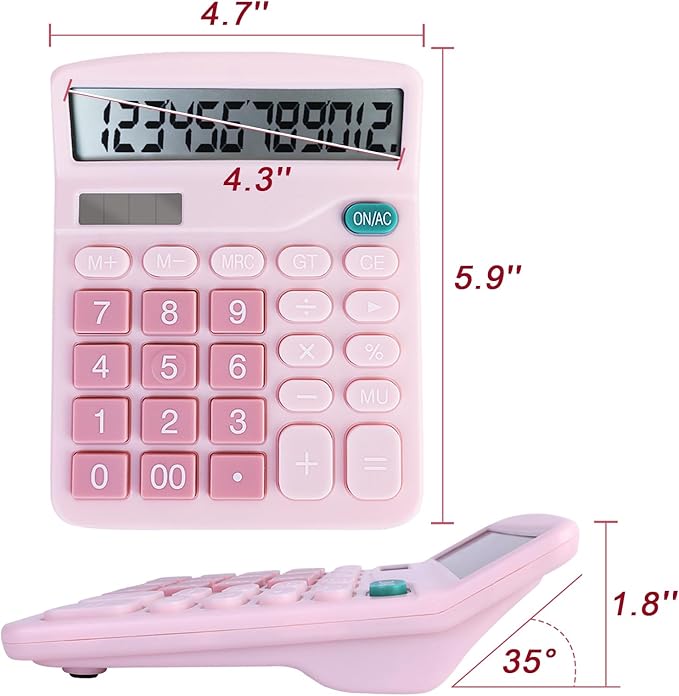Basic Calculator with Comfortable Large LCD Display, 12 Digits Calculators Desktop, Tilt Screen, Big Button, Desk Calculator with Dual Power (Solar & Battery Included) (Pink)