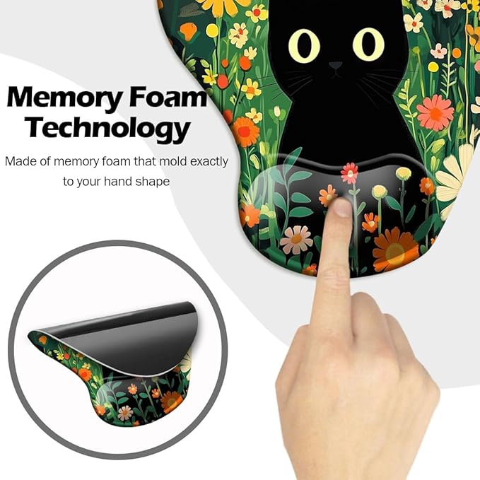 Ergonomic Mouse Pad with Wrist Support,Mouse Pad with Wrist Rest and Coaster Set,Office Supplies Non-Slip Mouse Pads for Desk, Non-Slip Comfortable,Cute Black Cat