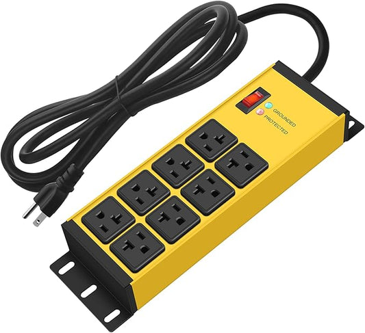 CCCEI Magnetic Heavy Duty Power Strip Surge Protector 20Amp, 12 Gauge High Amp Extension Outlets, Garage Wall Mount 8 Plug Metal Power Strip. 6FT, Yellow, 5-15P Adapter 6-20R T-Slot 20a for Appliance