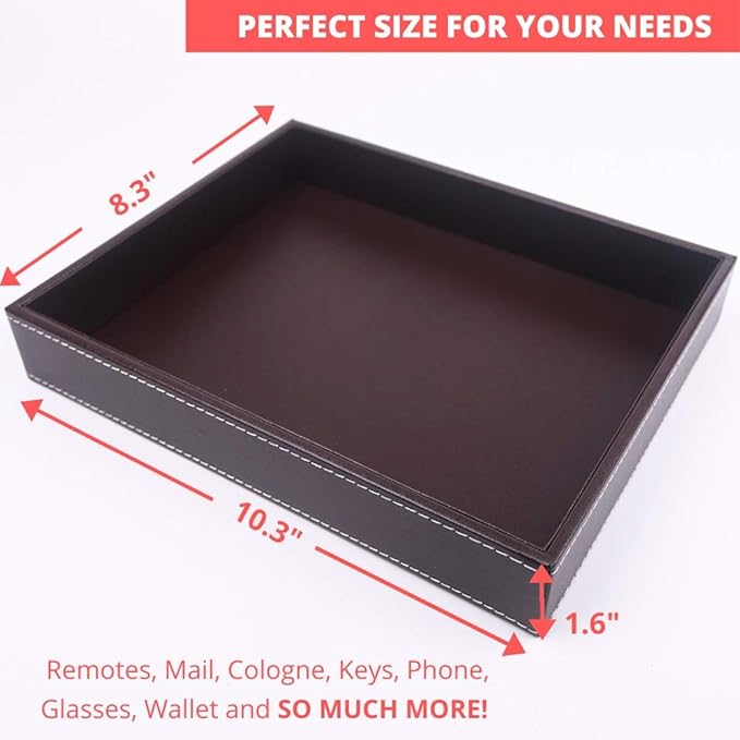 Valet Tray, Desk Tray, Nightstand Organizer for Men, Brown PU Leather, 10.3 x 8.3 x 1.6 inches