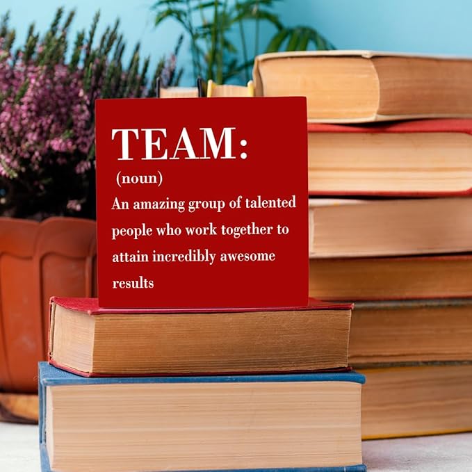 HTBIG Inspirational Team Noun Office Decor Desk Decor Wooden Box Sign, Rustic Black Wood Plaque Box Sign for Home Office Desk Shelf Table Decoration Coworker Gift Team Sign, Red