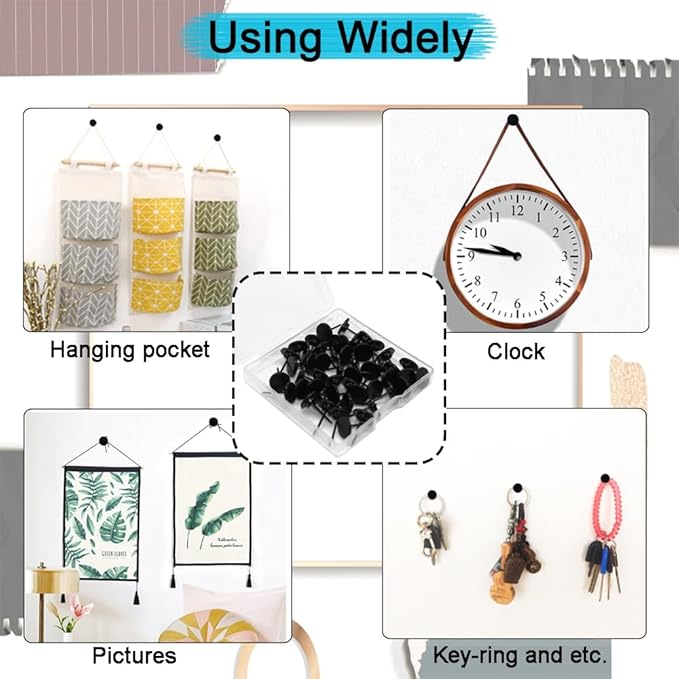 50 Pcs Push Pins for Bulletin Board, Metal Black Thumb Tacks for Picture Photo Hanging, Small Nails Flat Thumbtacks for Drywall Cork Board , Wall Tack Pins for Shadow Box Office Home Decorative
