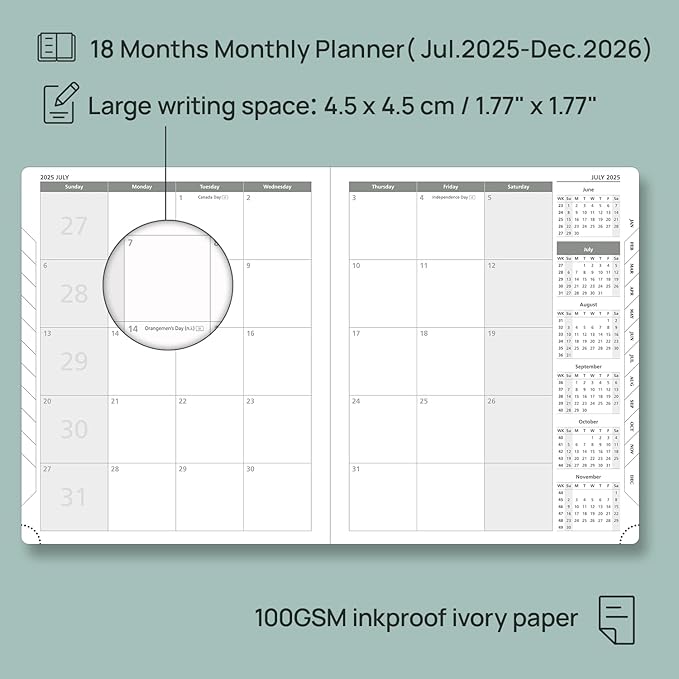 POPRUN Monthly Planner 2025-2026 (Large- 8.5" x 10.5" Soft Cover), 18-Month Calendar Book (Jul.2025-Dec.2026), Calendar Planner with Monthly Tabs & Pocket, 100 GSM Paper - Grey