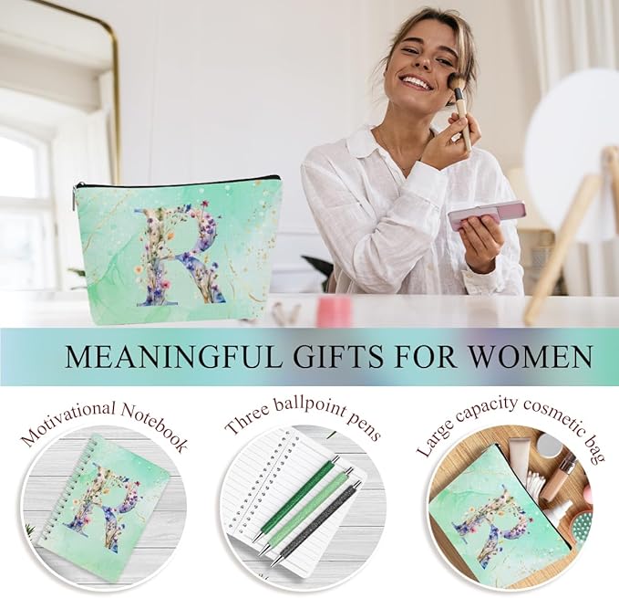 Personalized Gifts Monogrammed Birthday Gifts for Women, New Mom, Grandma Thank You Christmas, Initial 20 oz Tumbler, Makeup Cosmetic Bag Cup Pens Journal Notebook 6 Set, (Aesthetic Green Flower R)