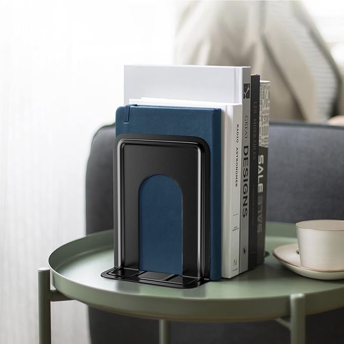 MaxGear Book Ends Universal Premium Bookends for Shelves, Non-Skid Bookend, Heavy Duty Metal Book Stopper for Books/Movies/CDs/Video Games, 6 x 4.6 x 6 in, Black, 4 Pairs/8 Pieces, Large