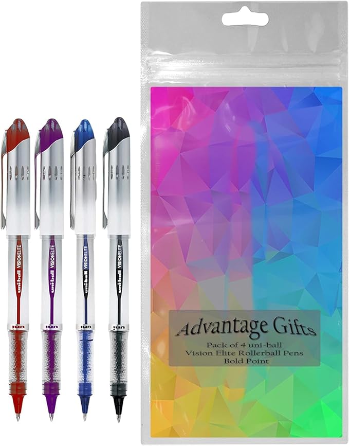 Vision Elite Rollerball Pens, Bold Point (0.8mm), Black/Blue/Red/Purple Ink, 4 count, Bundle with Plastic Reusable Pouch