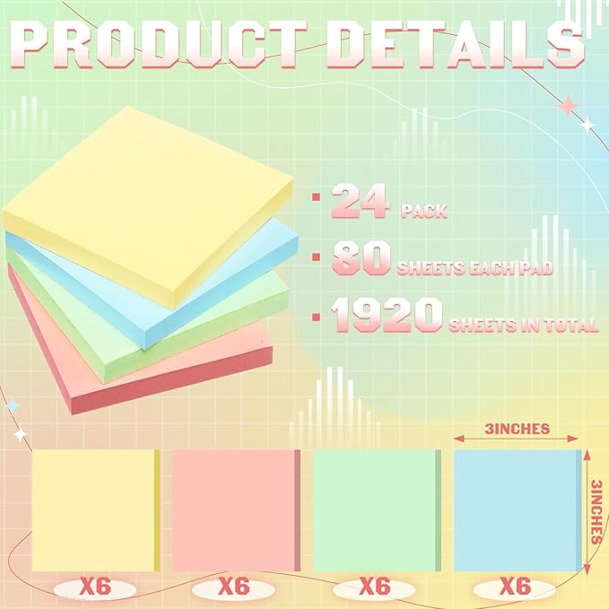 Thenshop 24 Sets Full Adhesive Sticky Notes 3x3 Inches Sticky Notes Adhesive Memo Self-Stick Pads Back to School Supplies Easy to Post for Teacher Coworkers Office 80 Sheets/pad(Colorful,Unlined)