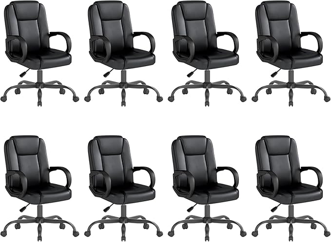 ZZH Executive Office Chair, Leather Desk Computer Chair with Armrests, Mid-Back Swivel Adjustable for Home Office, 8PC, Black