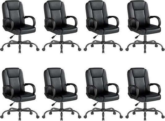 ZZH Executive Office Chair, Leather Desk Computer Chair with Armrests, Mid-Back Swivel Adjustable for Home Office, 8PC, Black