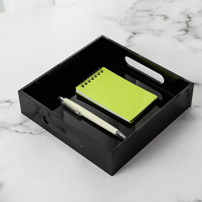 Black Sturdy Acrylic Tray with Handles-8x8 Inch- Countertop Organizer Tray for Kitchen,Bathroom,Office- Storage Box for Cosmetics, Jewelry,Toiletries,Toy,Gadgets