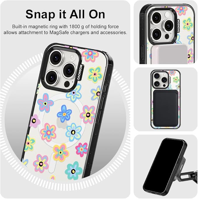 MOSNOVO Magnetic Case for iPhone 15 Pro, 10ft Military-Grade Protection, Compatible with Magsafe, Shockproof Phone Case for iPhone 15 Pro - Groovy Flower - Clear Black